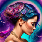 Colorful digital artwork: Woman's profile with liquid and crystalline textures