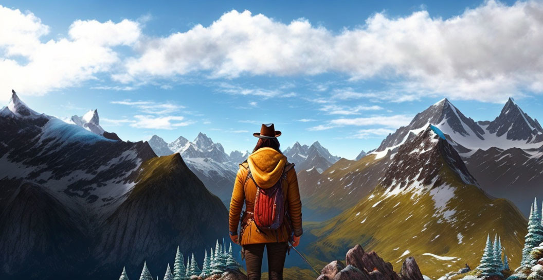 Traveler with Hat and Backpack in Front of Majestic Mountain Range