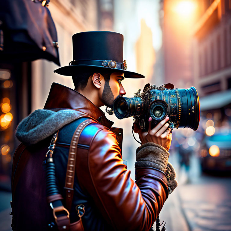 Steampunk-inspired person in top hat and goggles with retro-futuristic camera on city street.