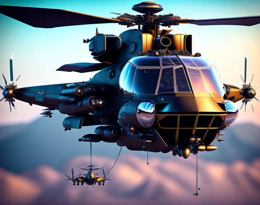 Futuristic helicopter with advanced weaponry flying over mountainous landscape at dusk
