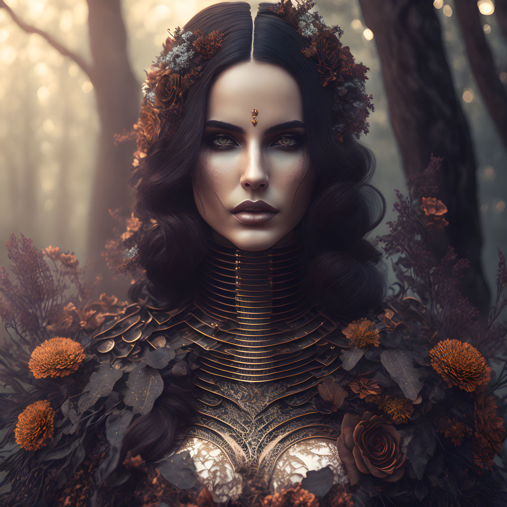 Portrait of woman with dark hair, autumn leaves, flowers, golden neckpiece, enigmatic gaze in