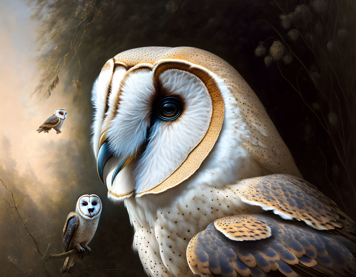 Detailed illustration of majestic barn owl with intense blue eyes, surrounded by two smaller owls in misty