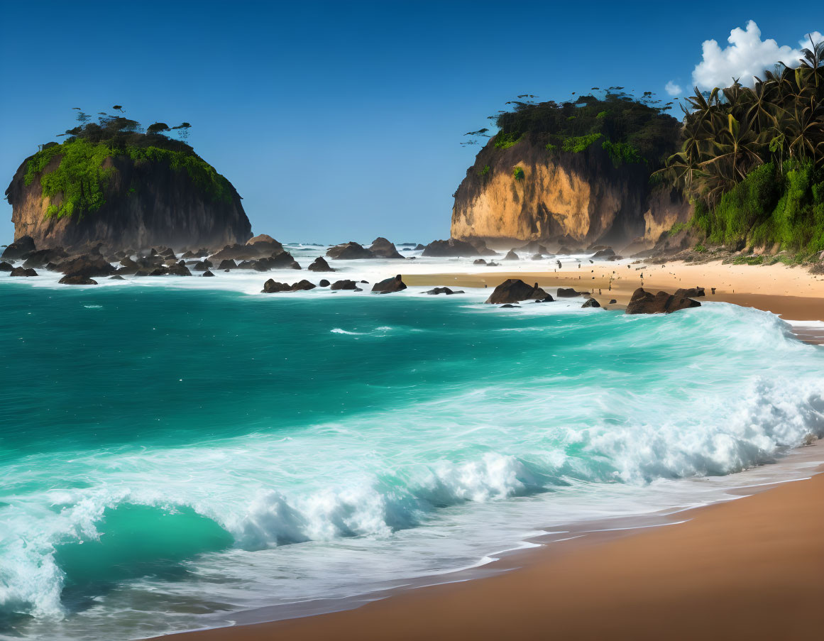 Tranquil Tropical Beach with Waves and Rock Outcrops