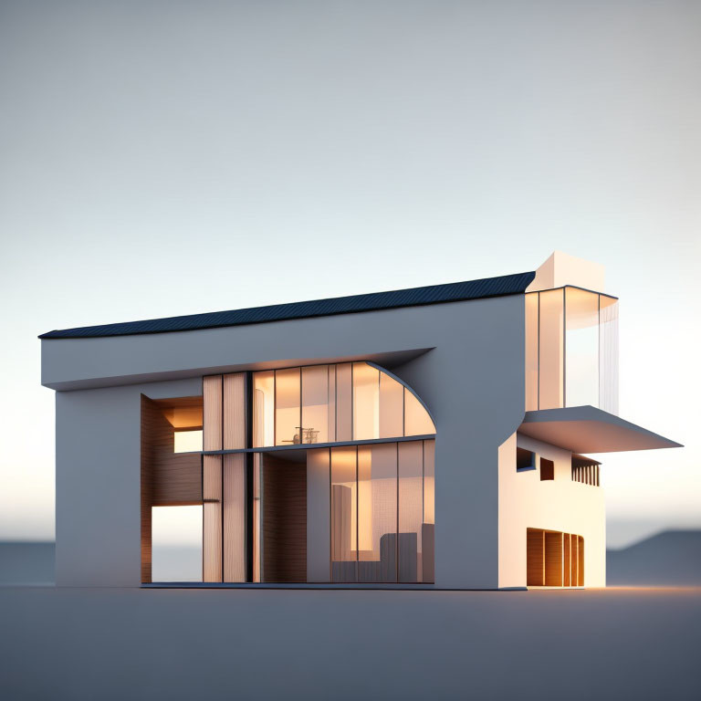 Contemporary two-story house with large windows and flat roofs at twilight