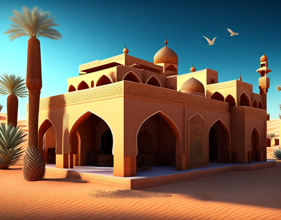 Palatial desert oasis illustration with ornate architecture and palm trees