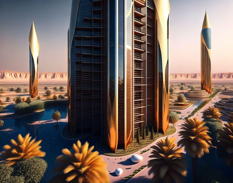 Modern skyscrapers in desert oasis at dusk