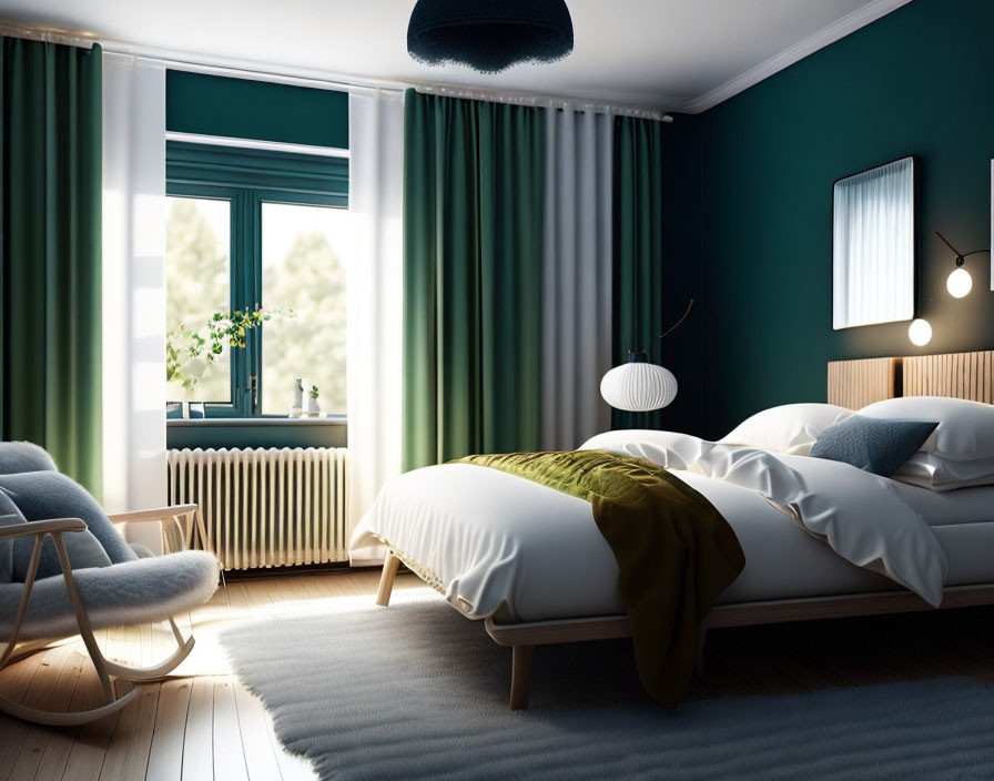 Stylish modern bedroom with plush bed, green accent walls, large windows, cozy sitting area,
