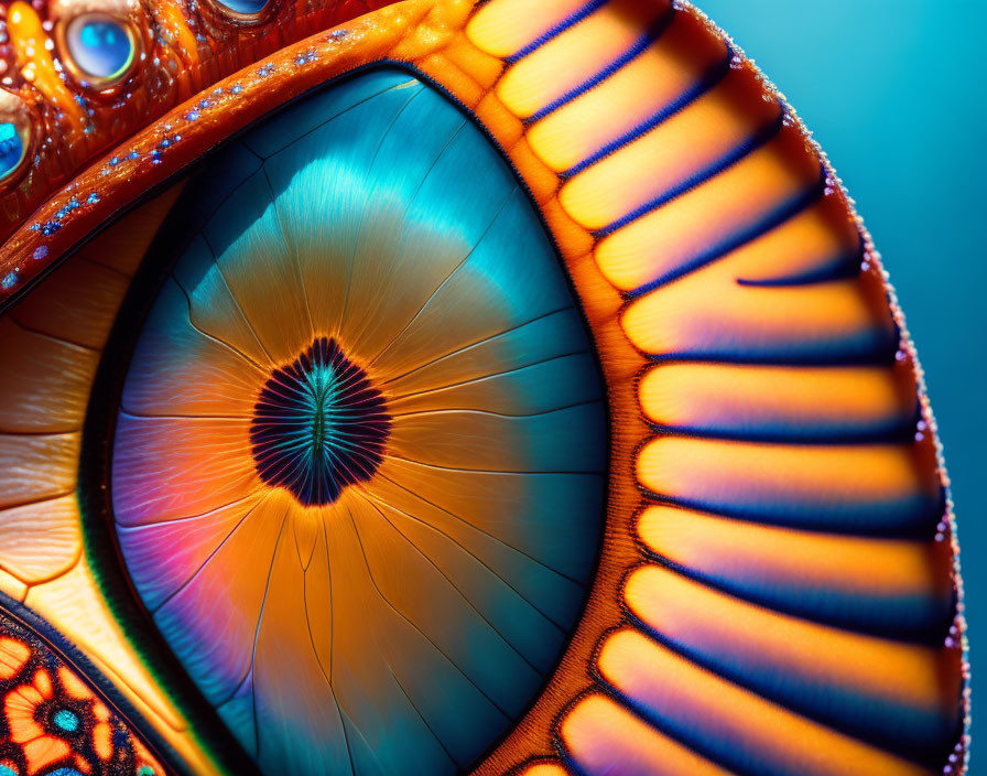 Iridescent eye structure with vivid orange and blue hues and intricate patterns