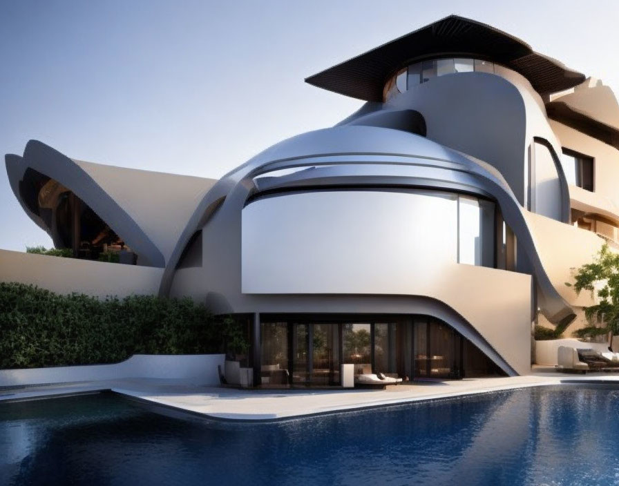 Luxurious modern house with curvilinear design, large windows, and swimming pool.