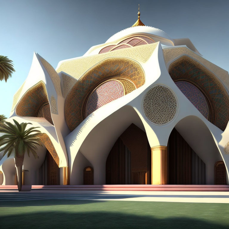 Modern mosque with organic shapes, arches, intricate patterns, and palm trees