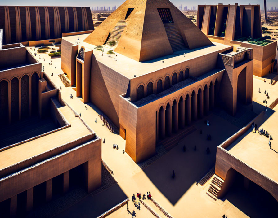 Architectural complex with pyramidal and rectangular structures in desert landscape