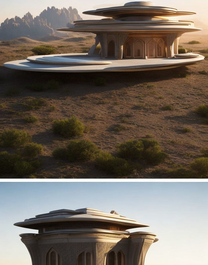 Futuristic desert building with saucer-like structure and central dome against mountainous backdrop at dusk
