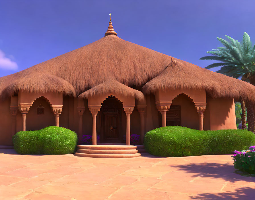 3D-rendered clay-colored structure with thatched roof and arched doorways