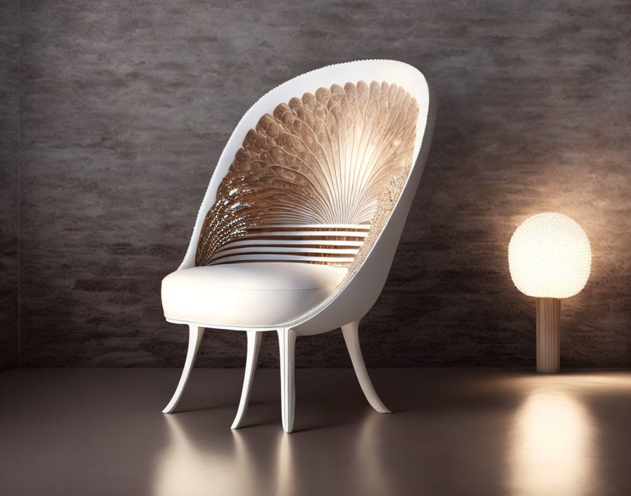 Modern White Chair with Fan-Like Backrest and Spherical Floor Lamp in Grey Room