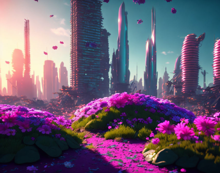 Colorful CG Landscape with Purple and Pink Flora and Futuristic Skyscrapers