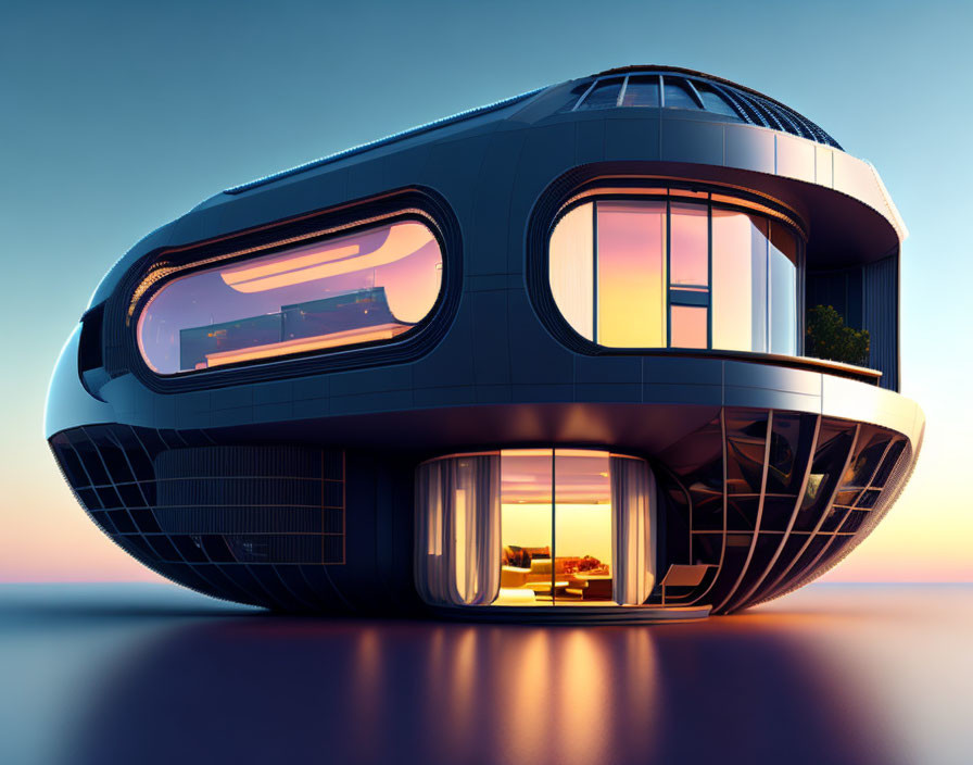 Modern spherical waterfront house with large windows reflecting orange dusk sky