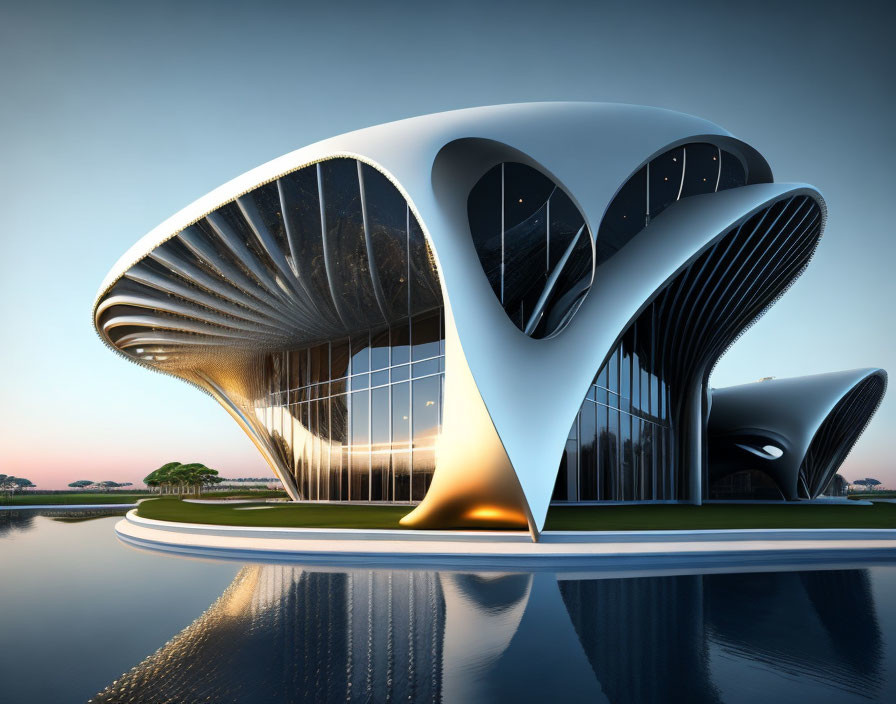 Futuristic building with reflective glass facade and sculptural white curves against twilight sky and serene water.