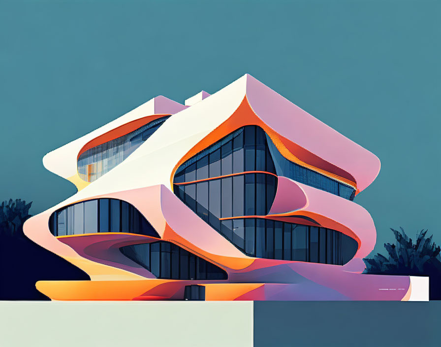 Futuristic building with fluid organic shapes in vibrant orange and cool blue tones