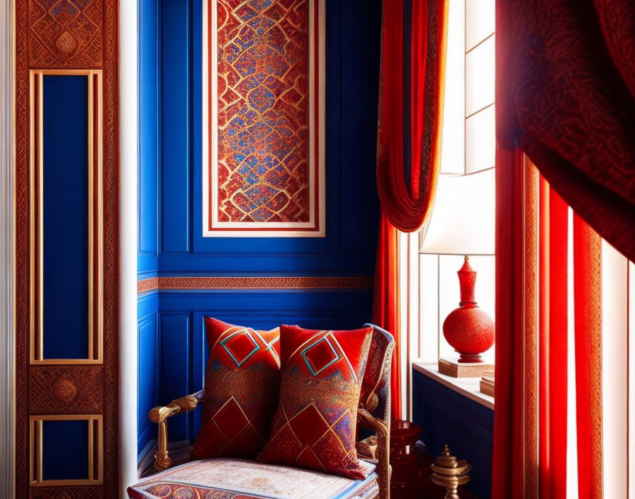 Opulent interior with blue walls, red and gold curtains, cozy nook with ornamental pillows.