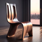 Curvaceous glossy chair by window in modern cityscape setting