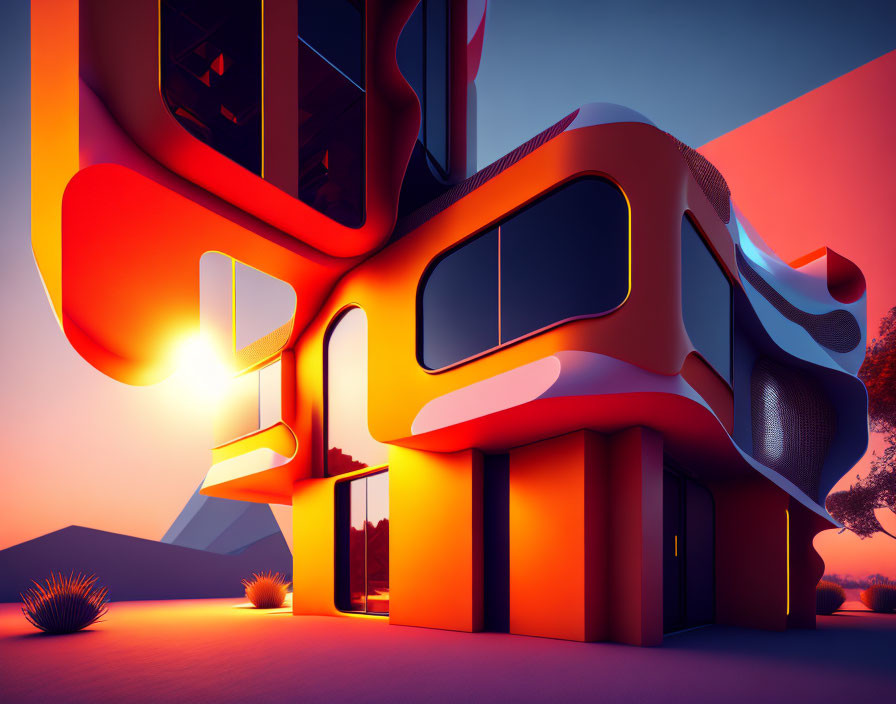 Futuristic building with orange and black accents in desert landscape