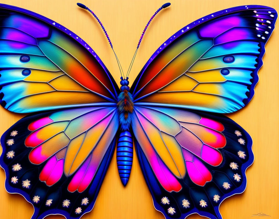 Colorful Butterfly Artwork with Vivid Patterns on Orange Background