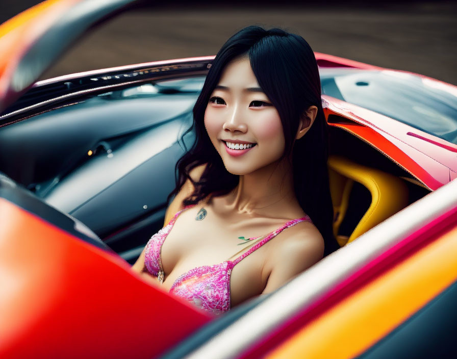 Dark-Haired Woman in Pink Bikini Top Sitting in Colorful Sports Car
