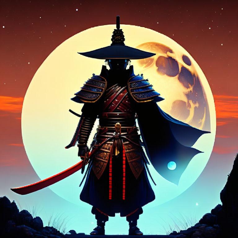 a samurai standing under the full moon who uses a 