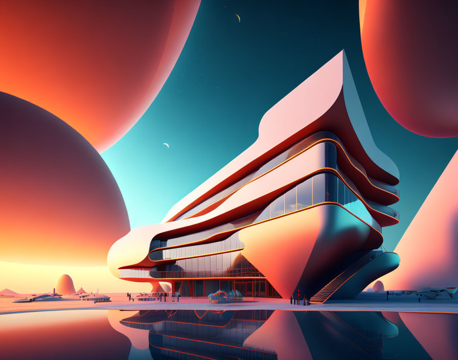 Futuristic building with flowing lines and warm lighting against orange spheres and pastel sky