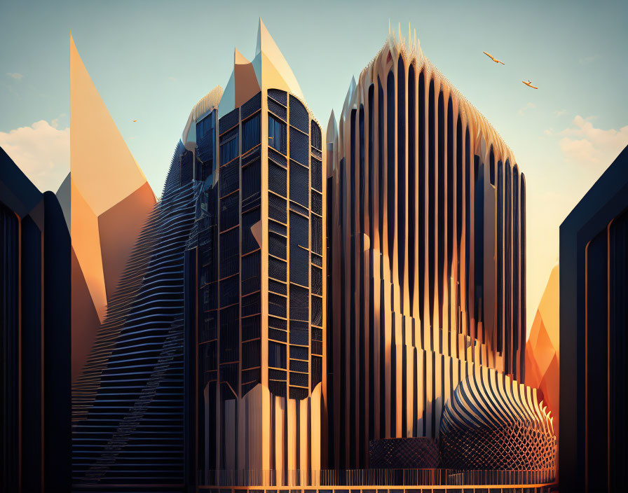 Futuristic cityscape with stylized skyscrapers and flying birds
