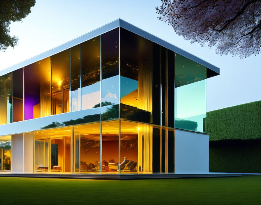 Glass house with illuminated interiors amidst trees and manicured lawn at twilight