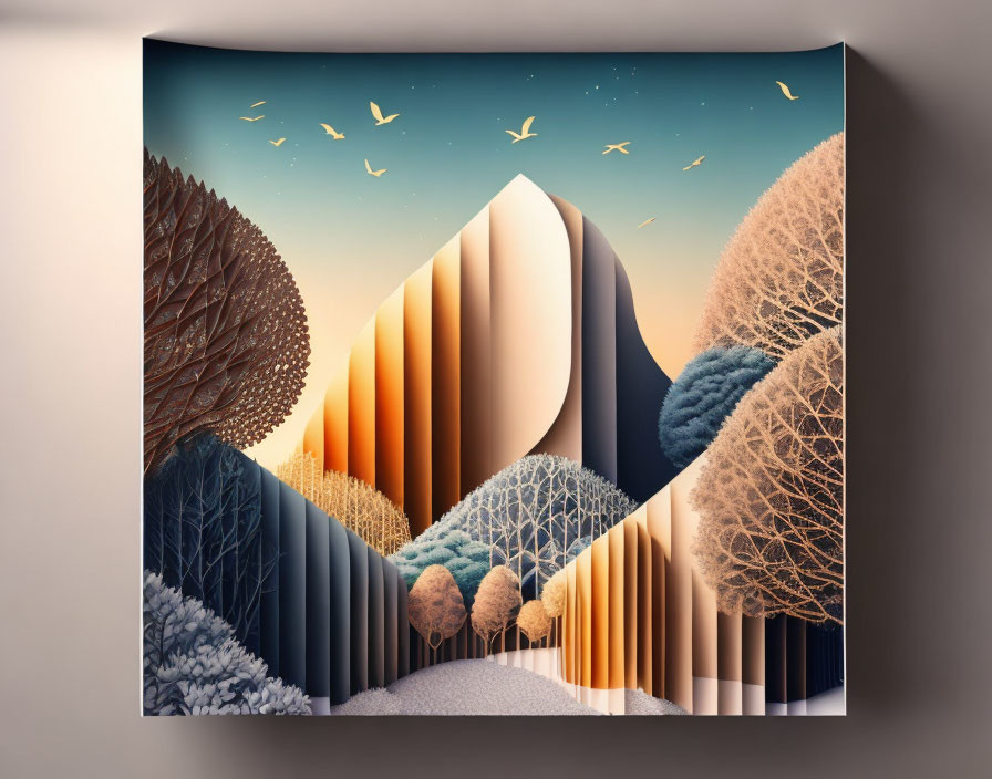 Geometric mountain landscape with textured trees under starry sky