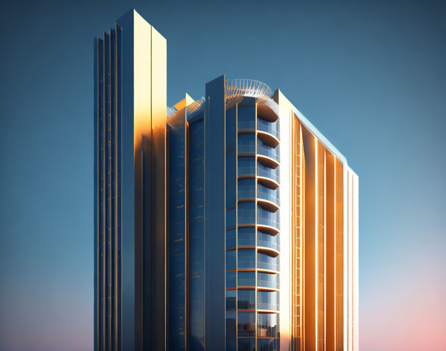 Sleek modern skyscrapers with reflective glass facades at sunset