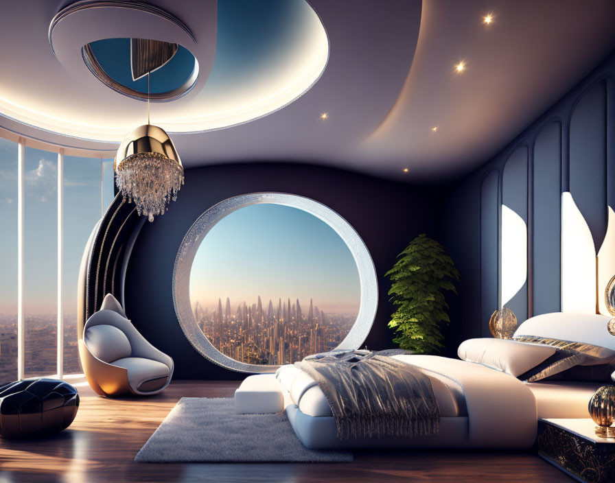 Modern luxury bedroom with round city view window, fancy chandelier, and starlit ceiling.