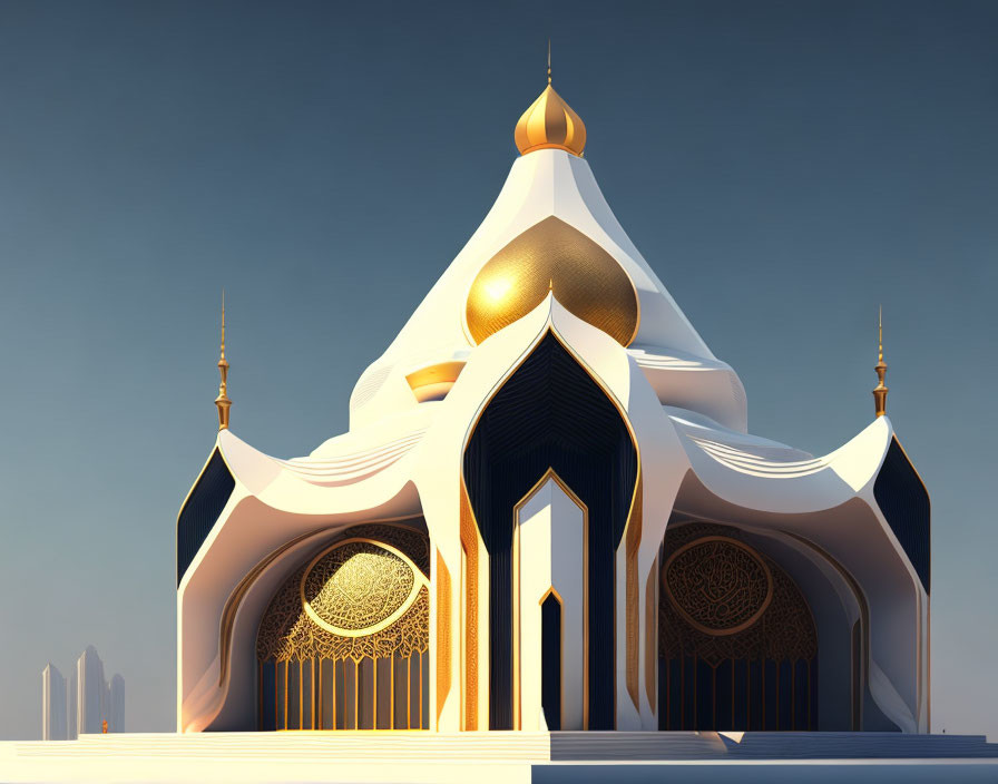 Stylized white and gold mosque with modern skyscrapers in distance
