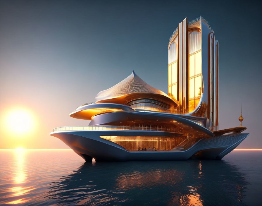 Futuristic ship-like building with golden surfaces at sunset