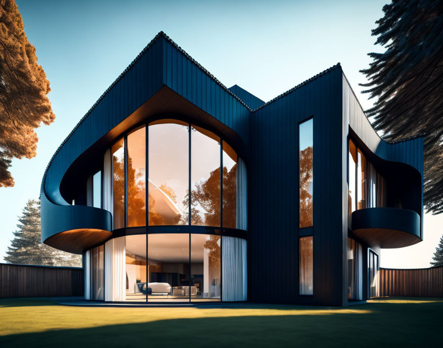 Modern architectural home with flowing curves and large glass windows in blue facade, surrounded by tall trees and blue