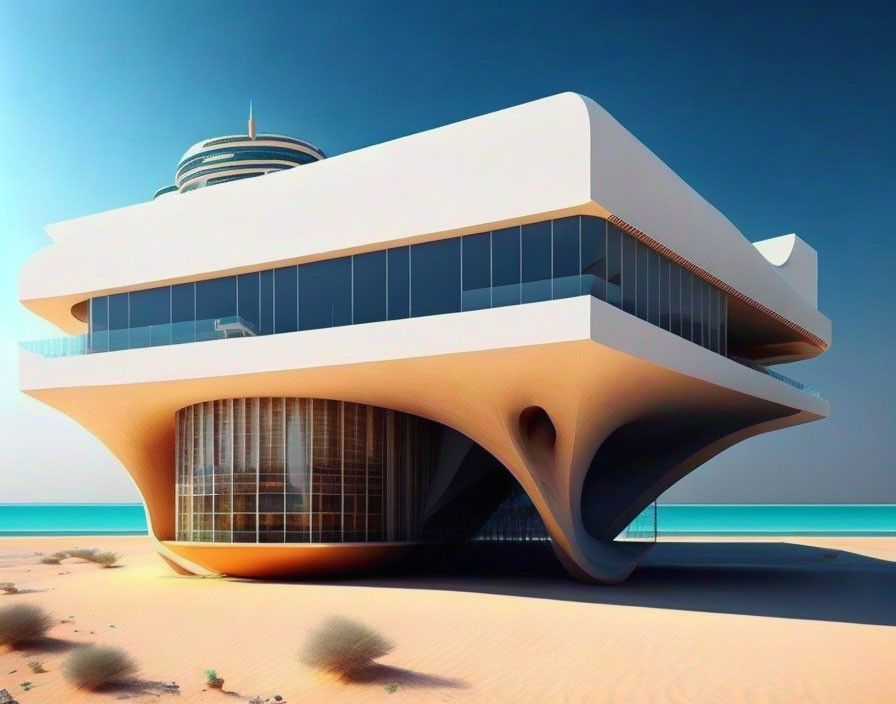 Futuristic white building in desert with organic design