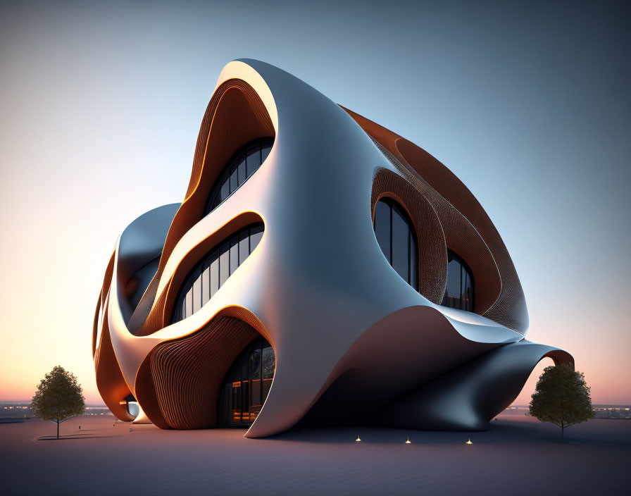 Modern Curvilinear Structure with Large Windows in Peaceful Sunset Landscape