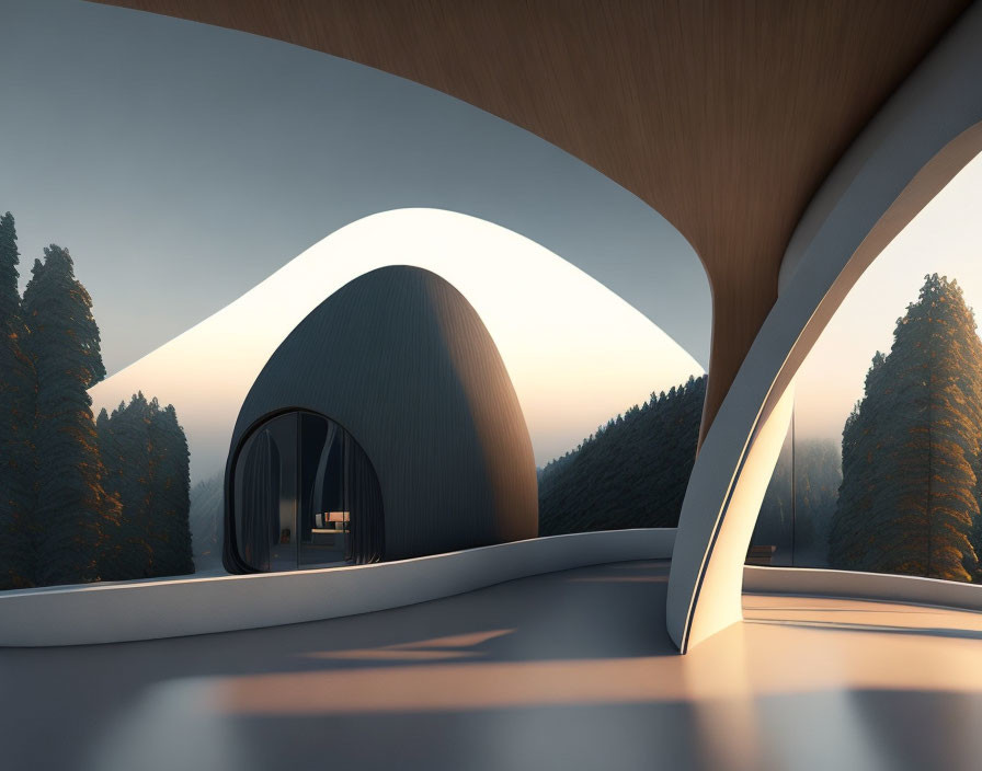 Curved futuristic structure in forest with oval opening and sunlight.