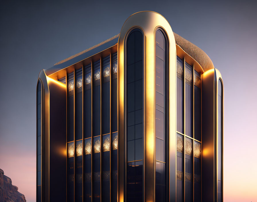 Modern Building with Golden and Black Facade and Rounded Corners at Twilight