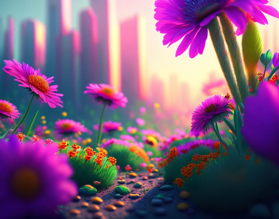 Colorful flowers in meadow against city skyline at sunset