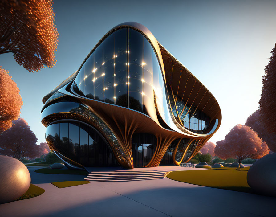 Organic futuristic building amidst amber trees at dusk