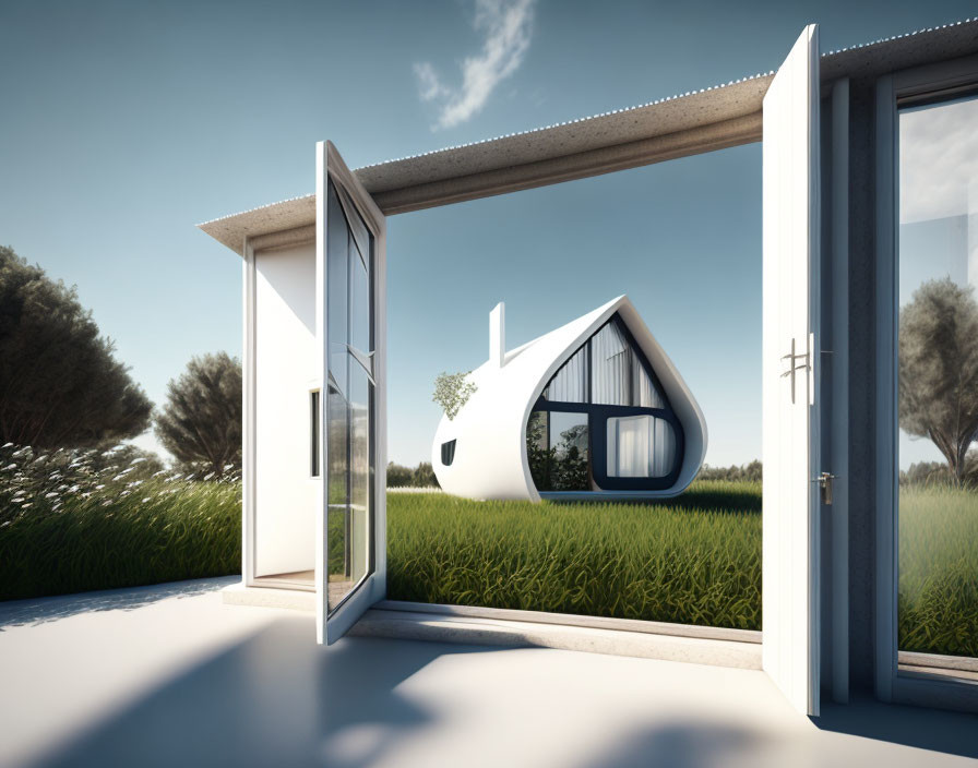 Futuristic pod-shaped house in lush field viewed from modern building doorway