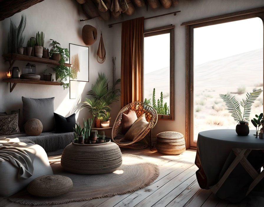 Bohemian-style bedroom with large bed, woven chair, plant decorations, desert view