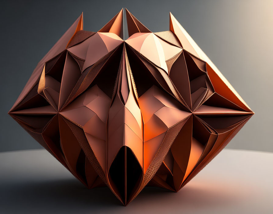 Geometric bronze-tone origami sculpture with sharp angles