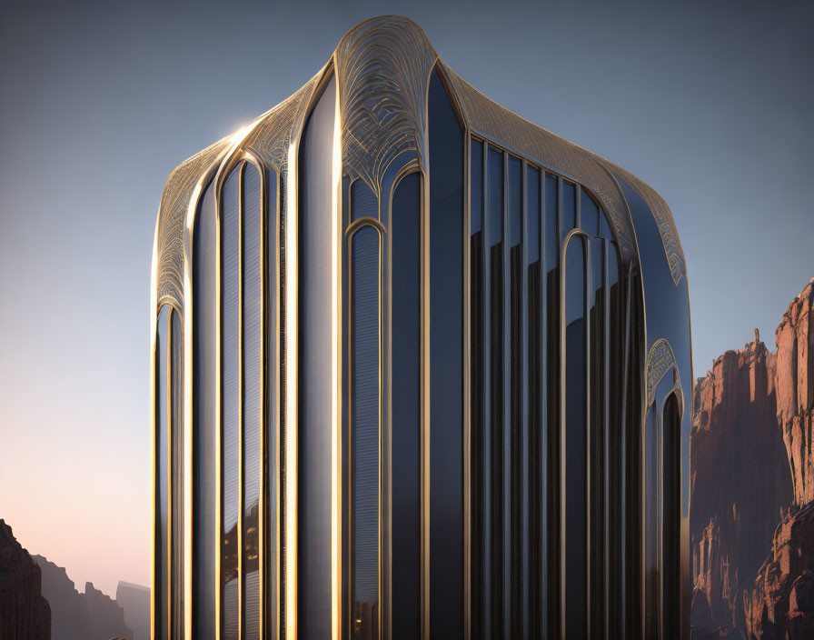 Futuristic golden skyscraper against red rock formations
