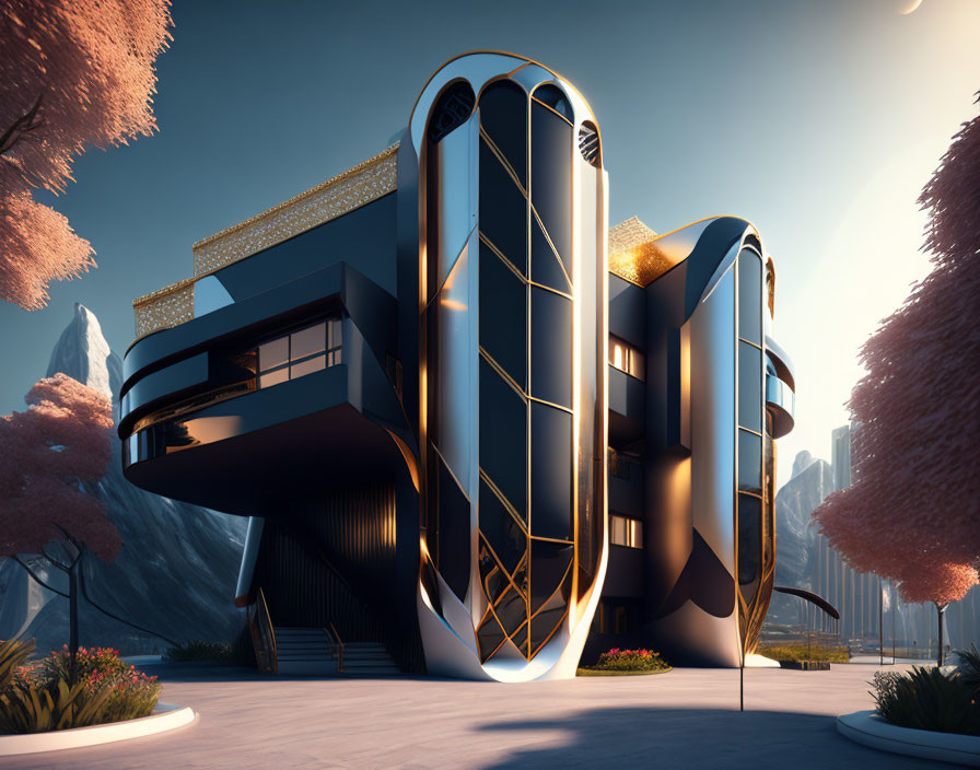 Sleek black and gold futuristic building with curving design, set among cherry blossom trees and mountains