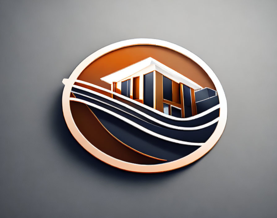 Stylized 3D emblem: architectural structure in circular frame, dynamic lines, orange & grey