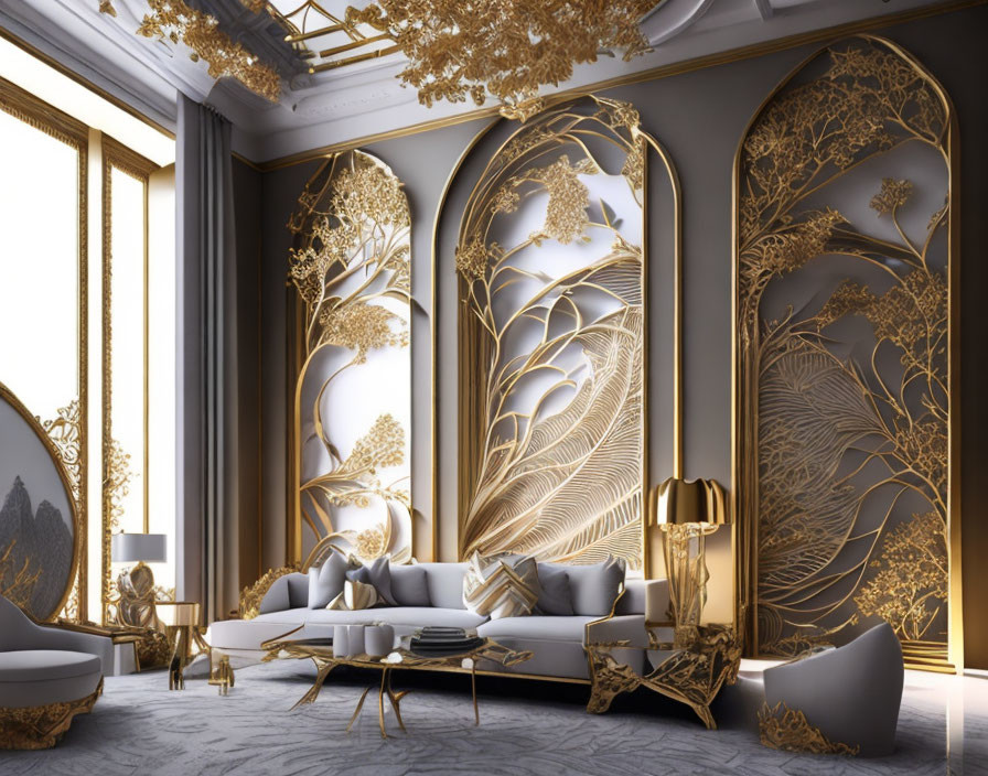 Luxurious Art Deco room with golden panels, white sofa, gold furniture, and heavy drapes